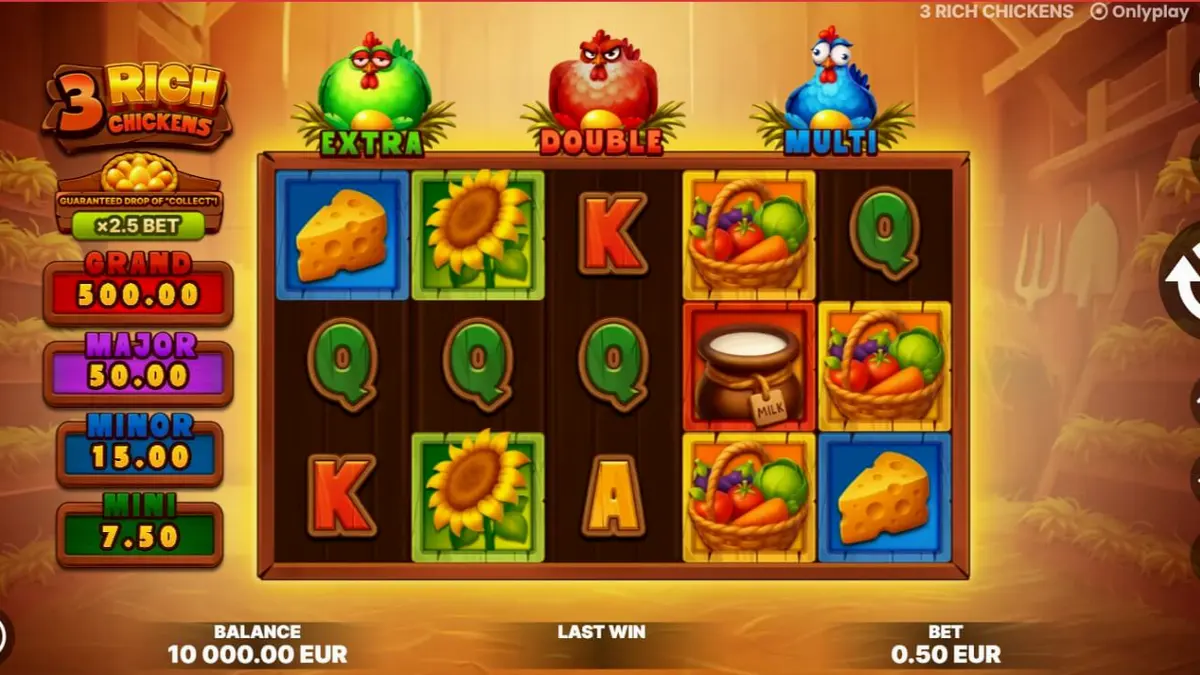 Visual colorido e animado do slot 3 Rich Chickens com tema de fazenda