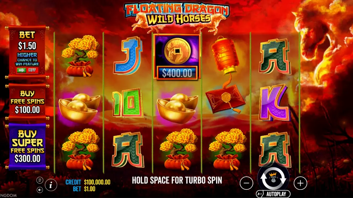 Floating Dragon Wild Horses slot machine interface with golden dragon and horse symbols.