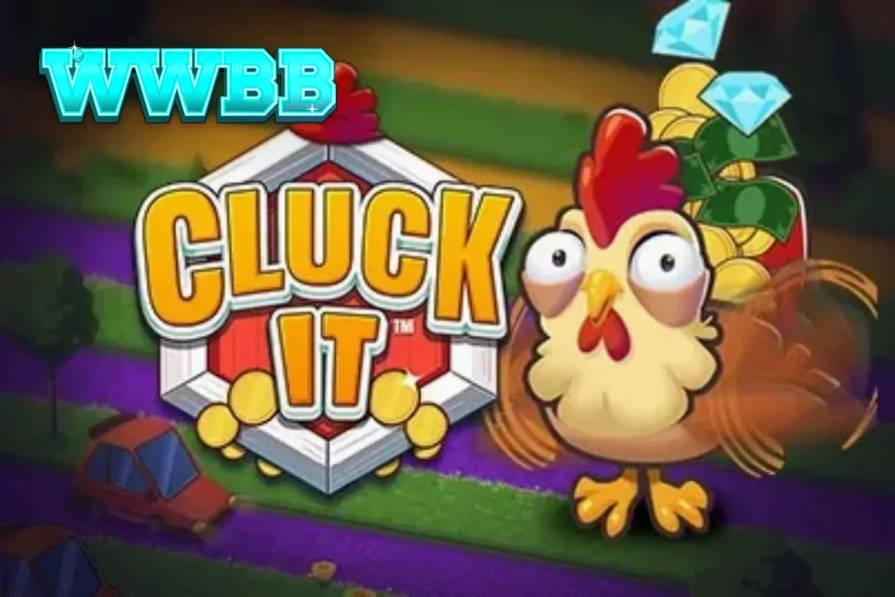 Interface colorida e rural do jogo Cluck It com uma galinha em um cenário de fazenda.